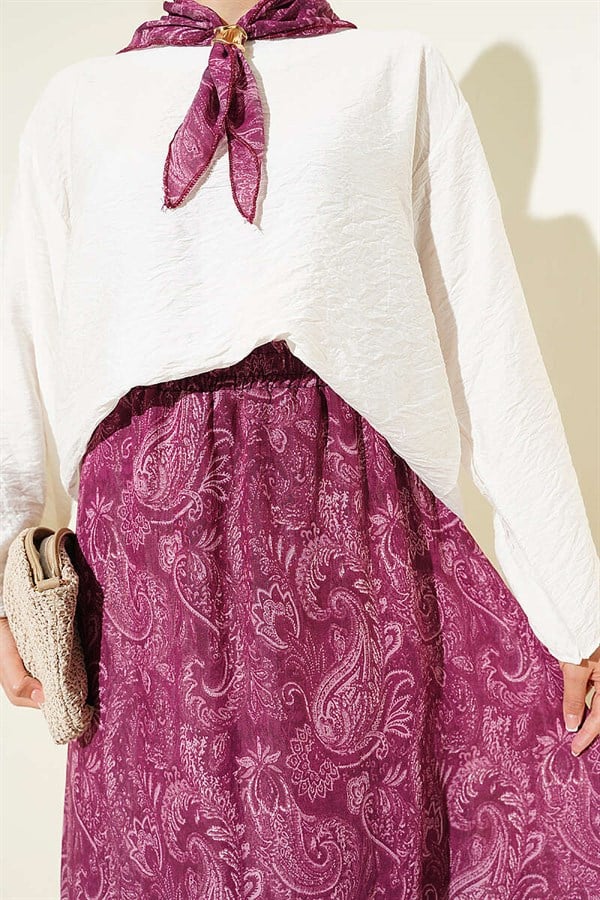Ethnic Patterned Two-Piece Skirt and Scarf Set in Burgundy