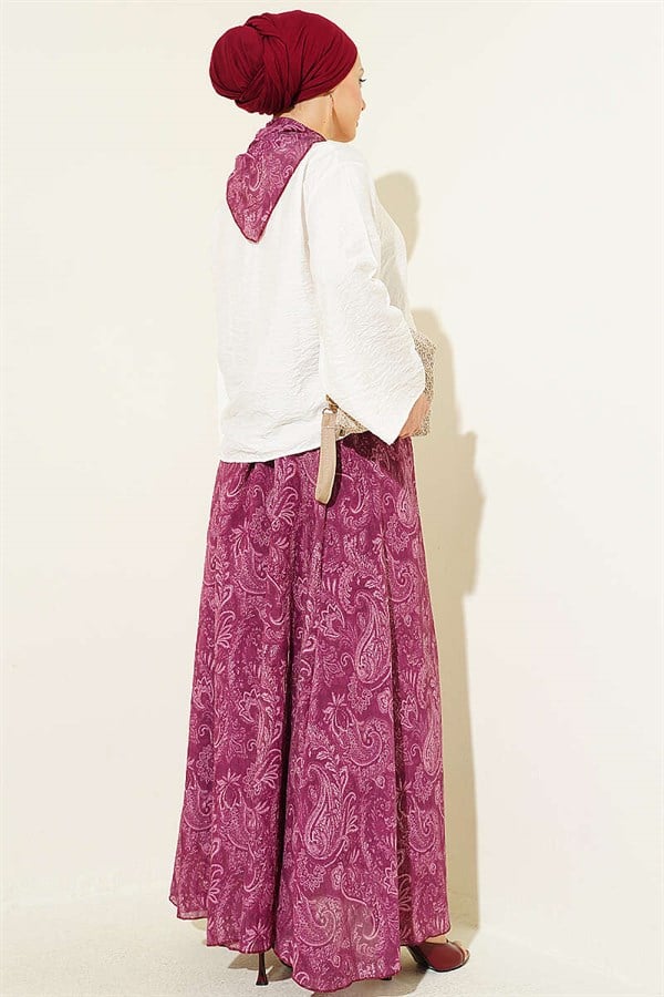 Ethnic Patterned Two-Piece Skirt and Scarf Set in Burgundy