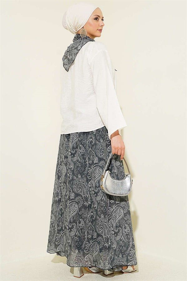 Ethnic Patterned Two-Piece Skirt and Scarf Set in Smoke Gray