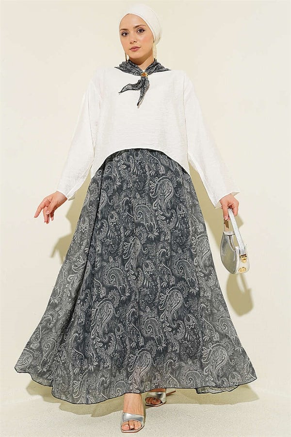 Ethnic Patterned Two-Piece Skirt and Scarf Set in Smoke Gray