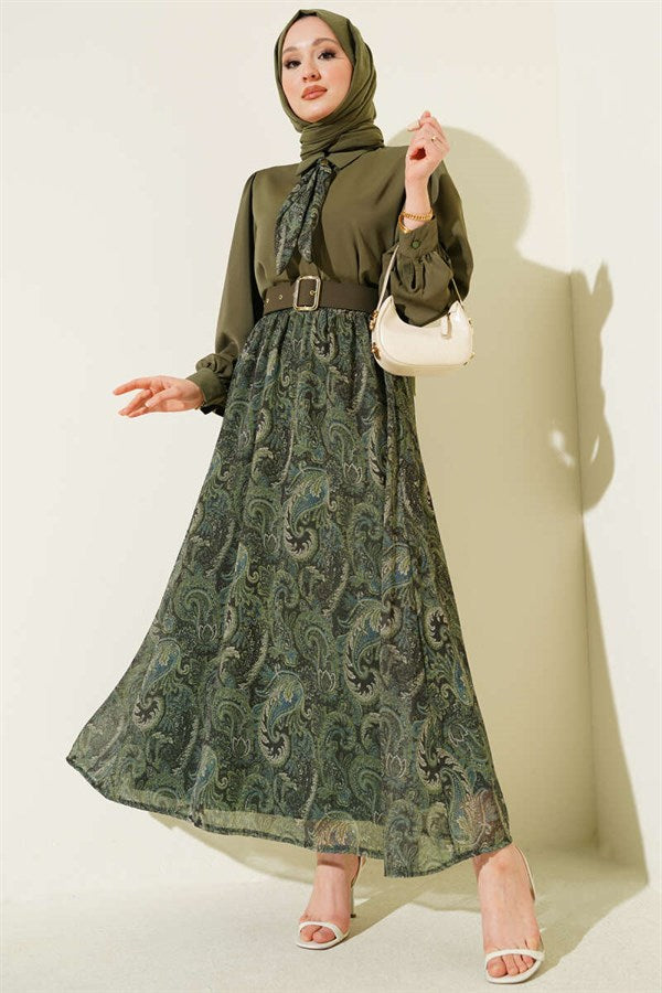 Ethnic Patterned Skirt and Scarf Set in Khaki