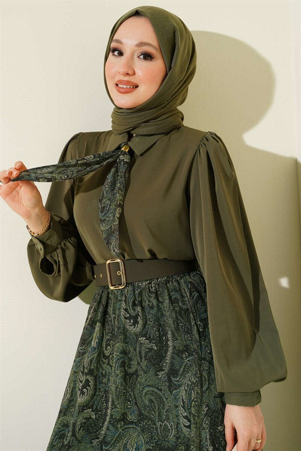 Ethnic Patterned Skirt and Scarf Set in Khaki