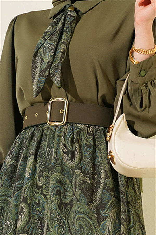 Ethnic Patterned Skirt and Scarf Set in Khaki
