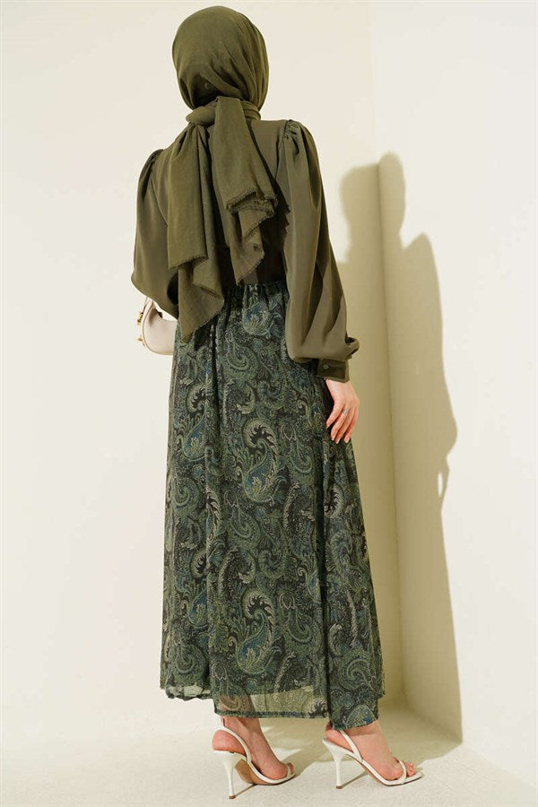 Ethnic Patterned Skirt and Scarf Set in Khaki