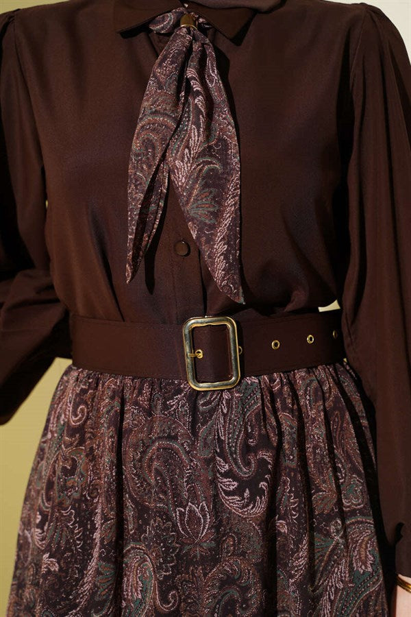 Ethnic Patterned Scarf and Skirt 2 Piece Set in Coffee Brown