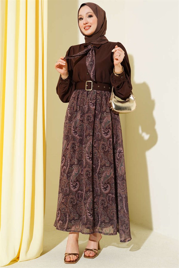 Ethnic Patterned Scarf and Skirt 2 Piece Set in Coffee Brown