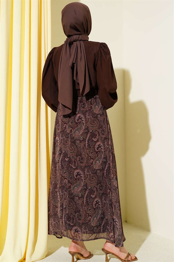Ethnic Patterned Scarf and Skirt 2 Piece Set in Coffee Brown