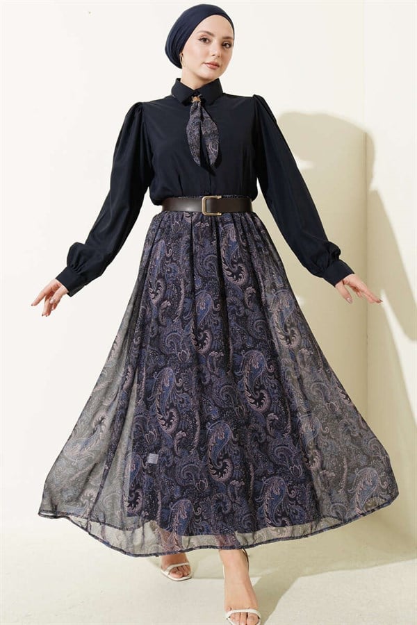Navy Blue Skirt and Scarf Set with Ethnic Pattern