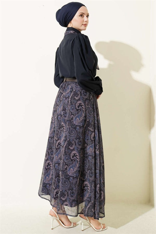 Navy Blue Skirt and Scarf Set with Ethnic Pattern