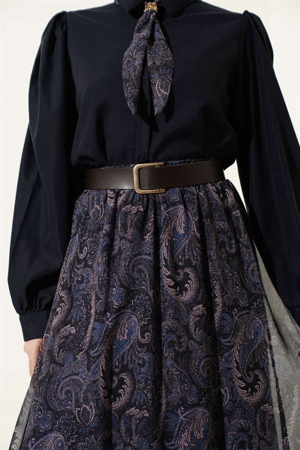 Navy Blue Skirt and Scarf Set with Ethnic Pattern
