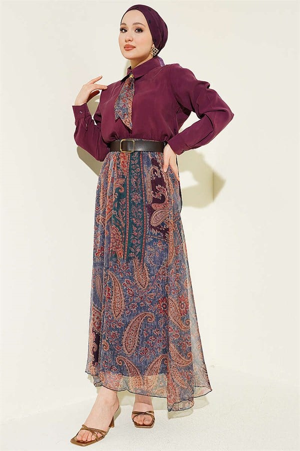 Burgundy Chiffon Skirt 2 Piece Set with Ethnic Patterned Scarf