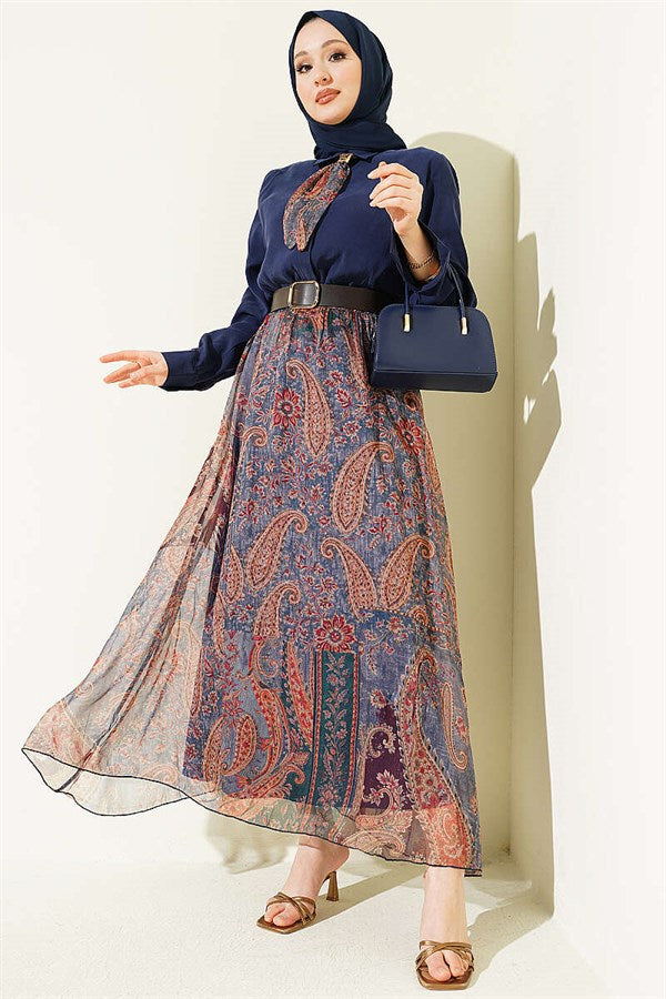 Navy Blue Chiffon Skirt 2 Piece Set with Ethnic Patterned Scarf