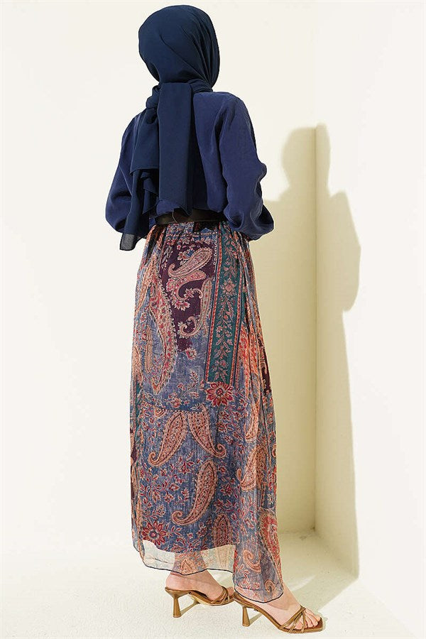 Navy Blue Chiffon Skirt 2 Piece Set with Ethnic Patterned Scarf