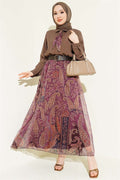 Ethnic Patterned Scarf and Chiffon Skirt 2 Piece Set in Coffee Brown