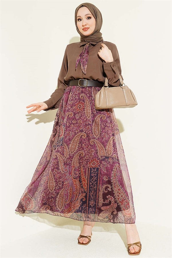 Ethnic Patterned Scarf and Chiffon Skirt 2 Piece Set in Coffee Brown