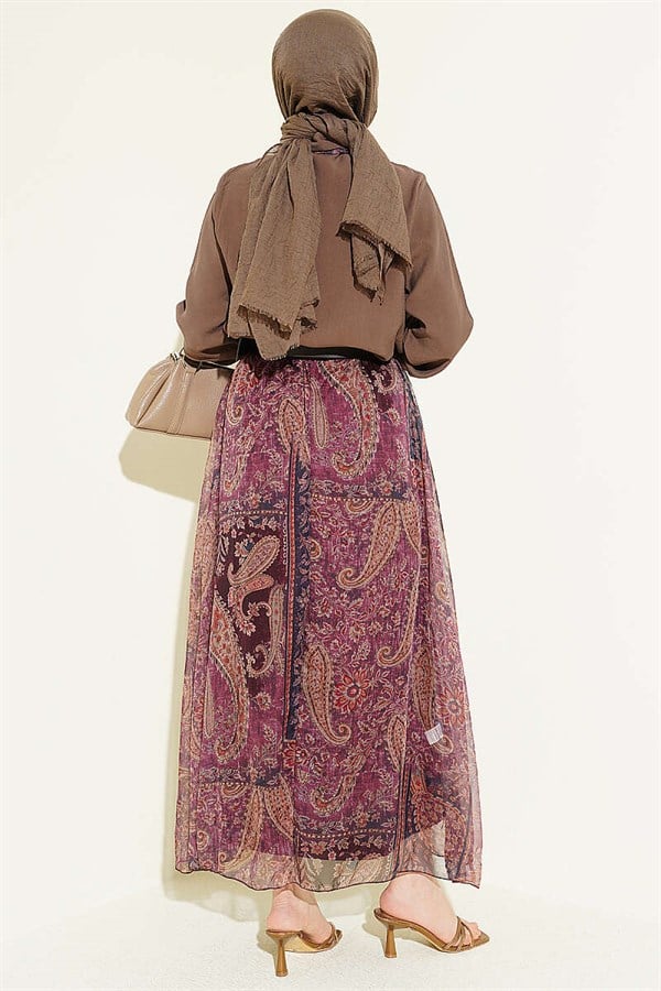 Ethnic Patterned Scarf and Chiffon Skirt 2 Piece Set in Coffee Brown