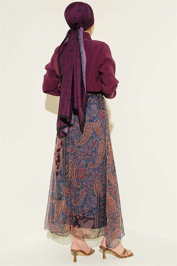Burgundy Chiffon Skirt 2 Piece Set with Ethnic Patterned Scarf
