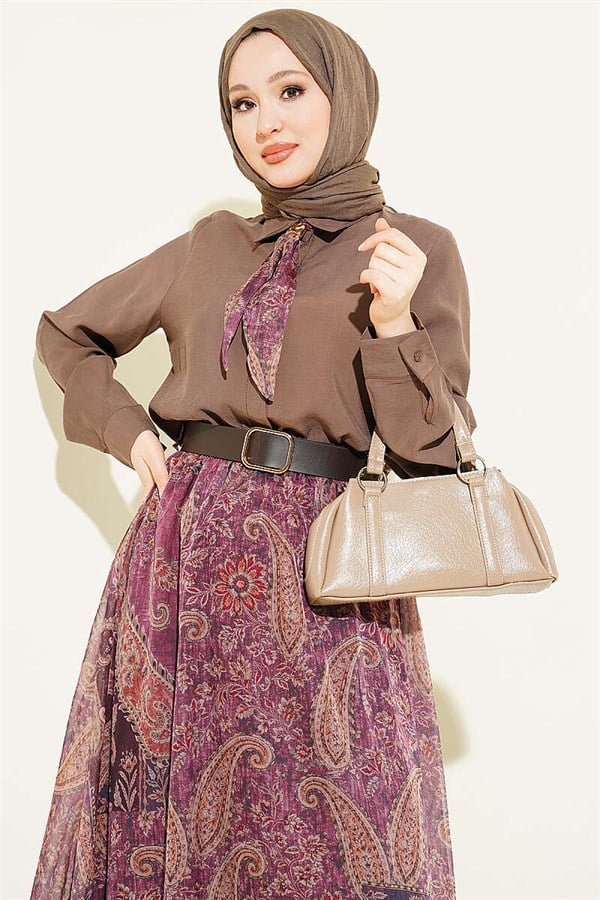 Ethnic Patterned Scarf and Chiffon Skirt 2 Piece Set in Coffee Brown