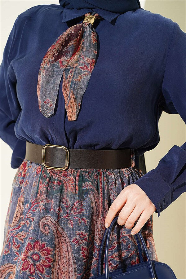 Navy Blue Chiffon Skirt 2 Piece Set with Ethnic Patterned Scarf