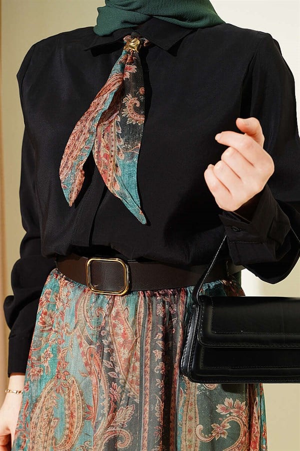 Ethnic Patterned Scarf and Chiffon Skirt 2 Piece Set, Black