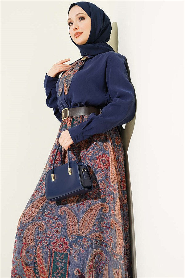 Navy Blue Chiffon Skirt 2 Piece Set with Ethnic Patterned Scarf