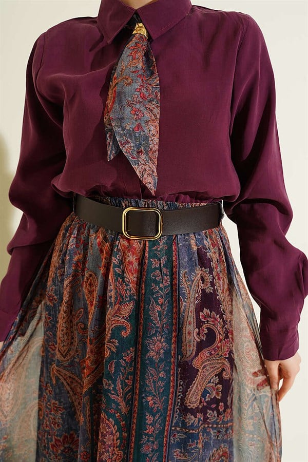 Burgundy Chiffon Skirt 2 Piece Set with Ethnic Patterned Scarf