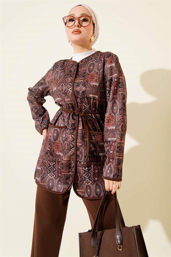 Ethnic Patterned Drawstring 2 Piece Set in Coffee Brown
