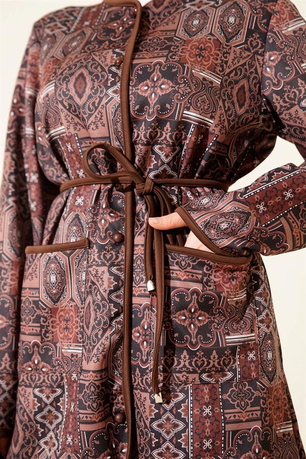 Ethnic Patterned Drawstring 2 Piece Set in Coffee Brown