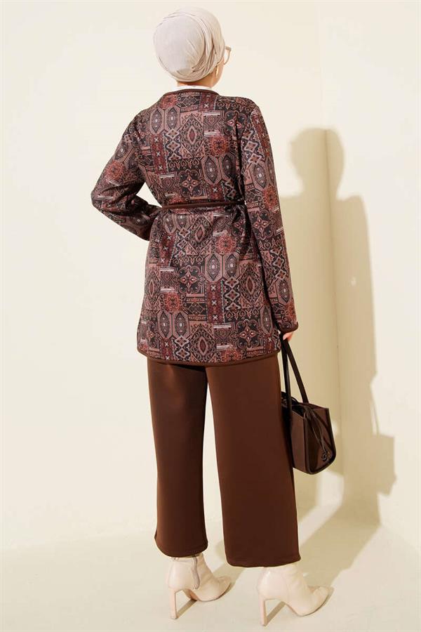 Ethnic Patterned Drawstring 2 Piece Set in Coffee Brown