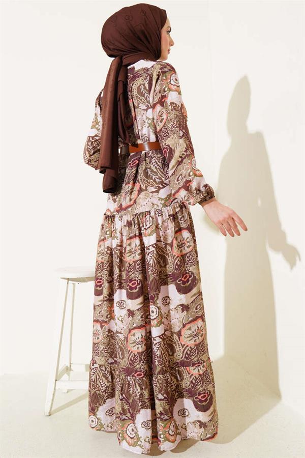 Ethnic Patterned Belted Dress Khaki