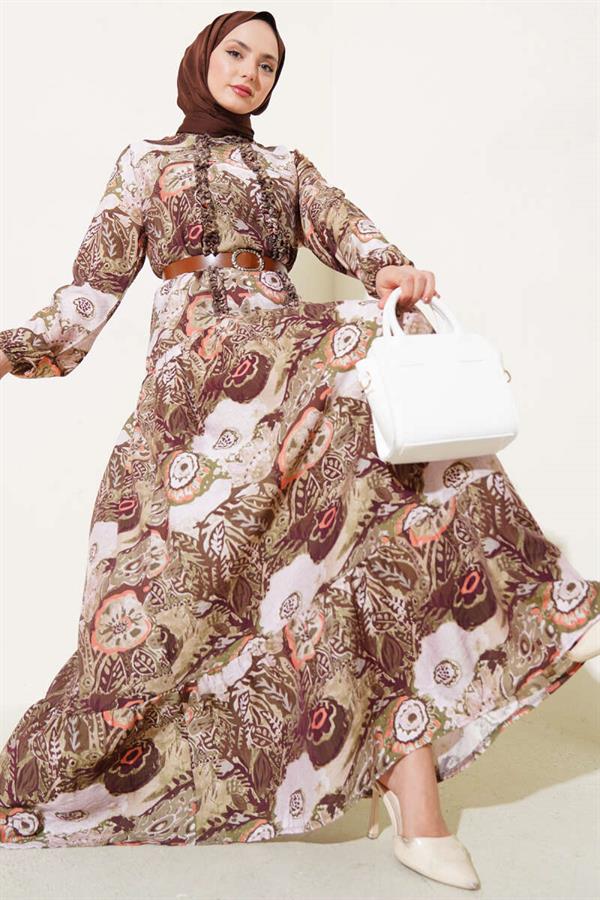 Ethnic Patterned Belted Dress Khaki