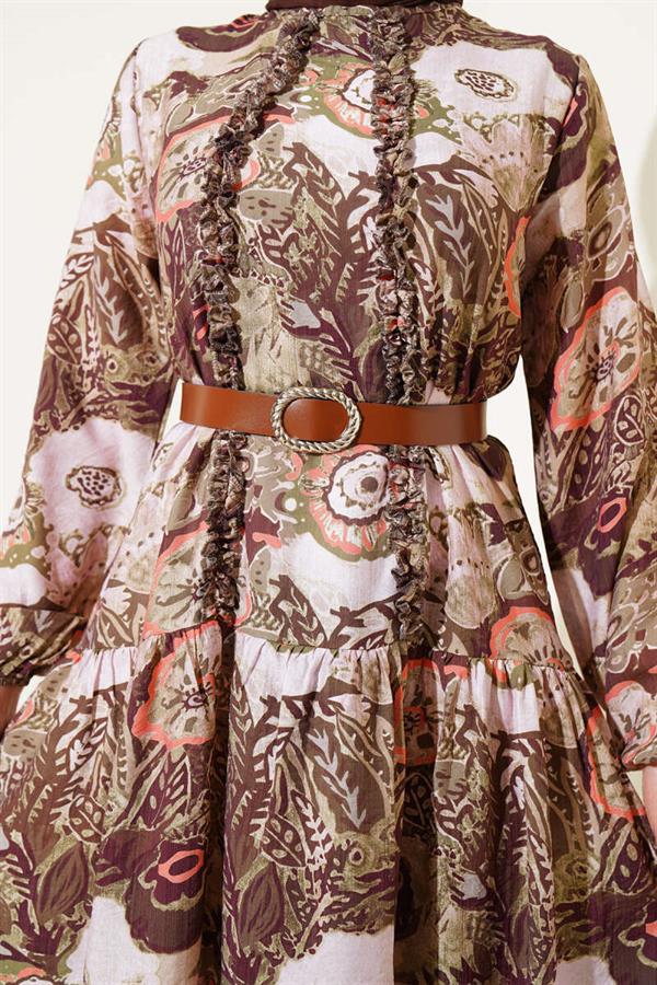 Ethnic Patterned Belted Dress Khaki