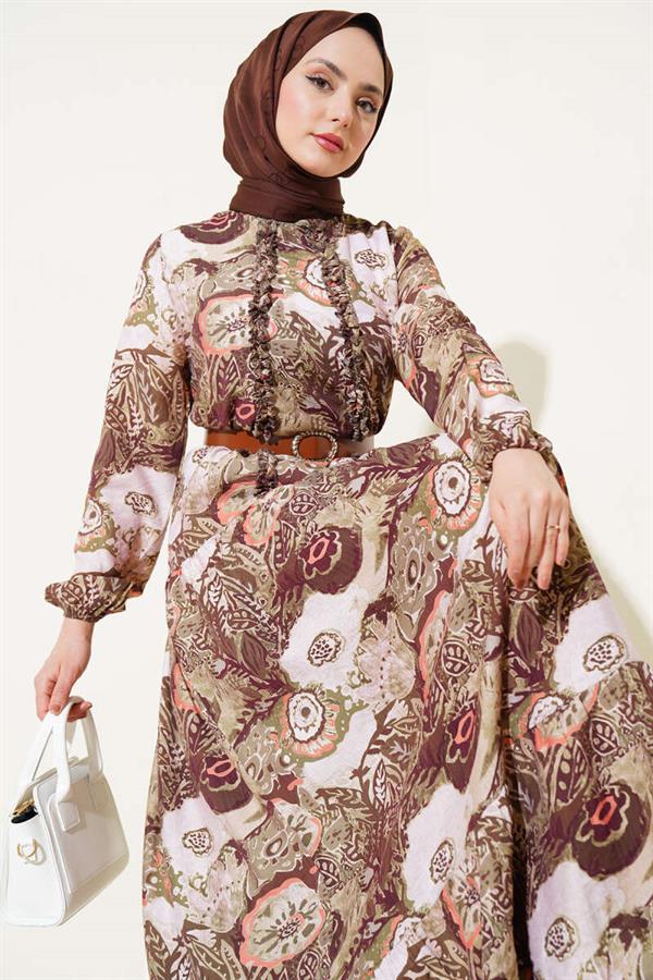 Ethnic Patterned Belted Dress Khaki