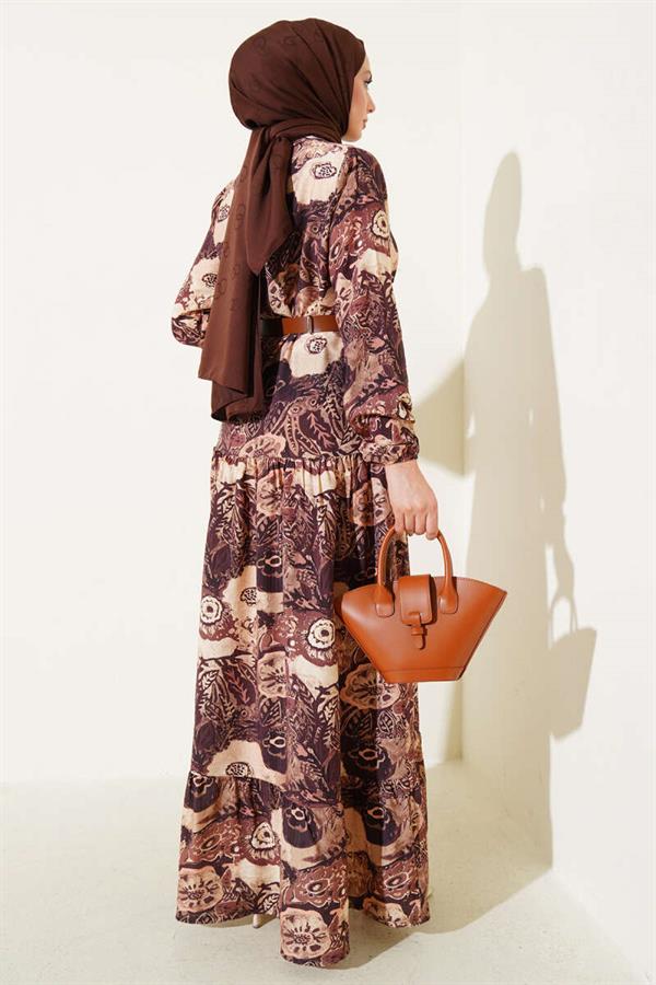 Ethnic Patterned Belted Dress Brown