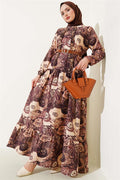 Ethnic Patterned Belted Dress Brown