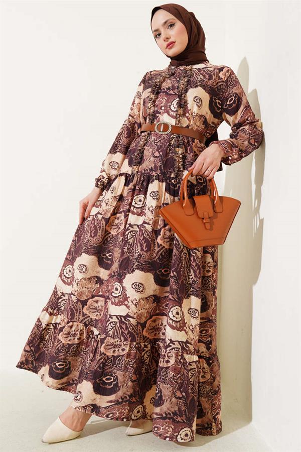 Ethnic Patterned Belted Dress Brown