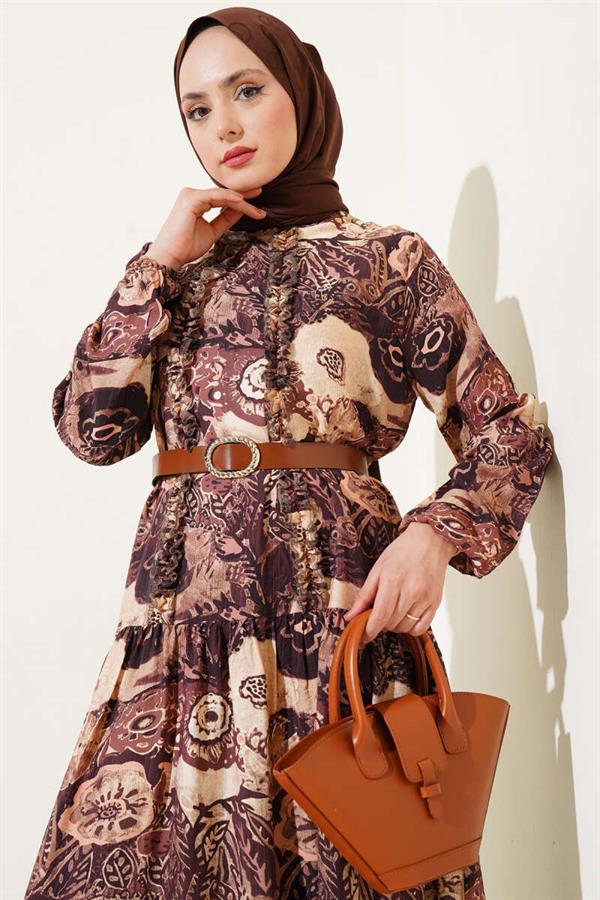 Ethnic Patterned Belted Dress Brown