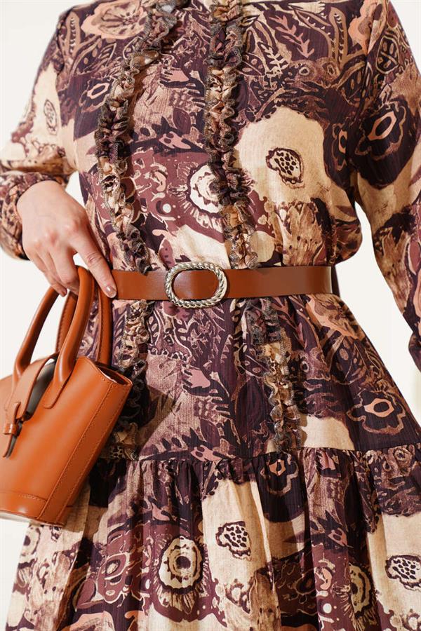 Ethnic Patterned Belted Dress Brown