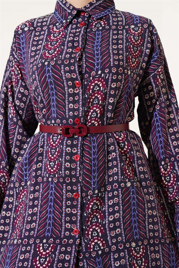 Ethnic Patterned Belted 2 Piece Set Plum