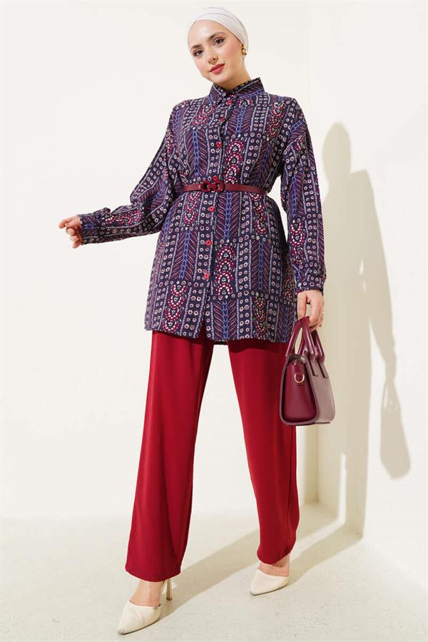 Ethnic Patterned Belted 2 Piece Set Plum
