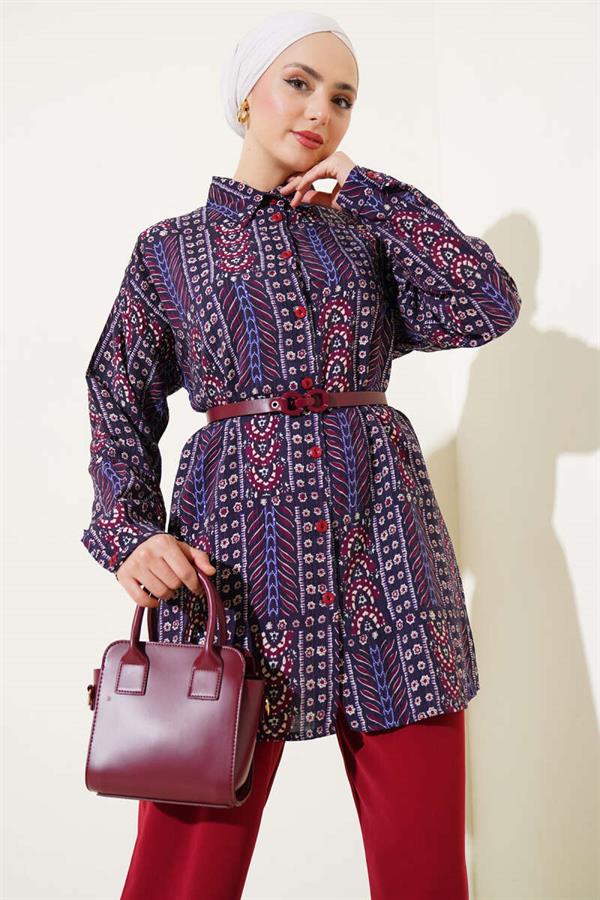 Ethnic Patterned Belted 2 Piece Set Plum