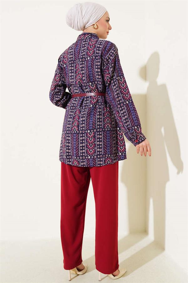 Ethnic Patterned Belted 2 Piece Set Plum