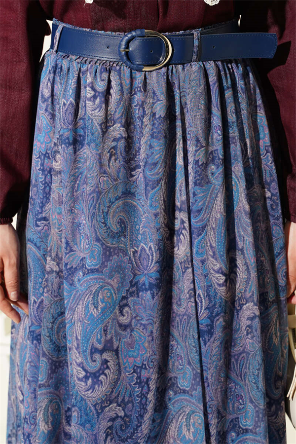 Ethnic Patterned Belted Chiffon Skirt Indigo