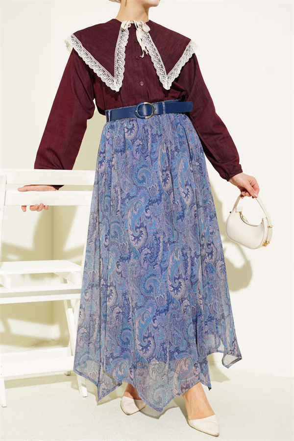 Ethnic Patterned Belted Chiffon Skirt Indigo