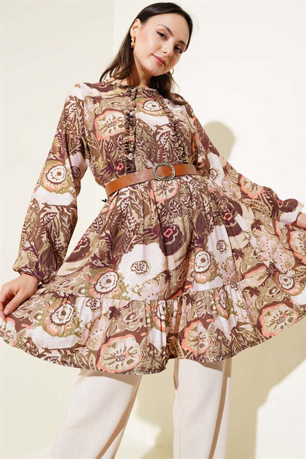 Ethnic Patterned Belted Tunic 2 Piece Set Khaki