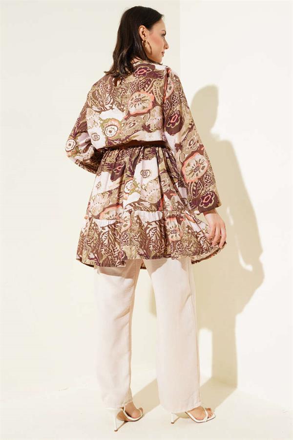 Ethnic Patterned Belted Tunic 2 Piece Set Khaki