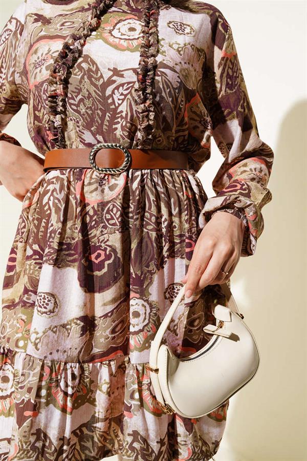 Ethnic Patterned Belted Tunic 2 Piece Set Khaki