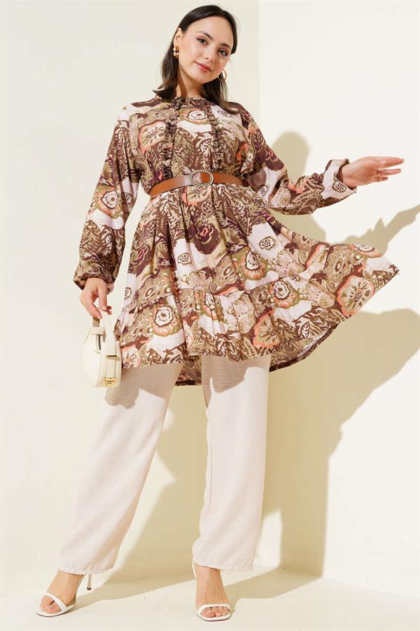 Ethnic Patterned Belted Tunic 2 Piece Set Khaki