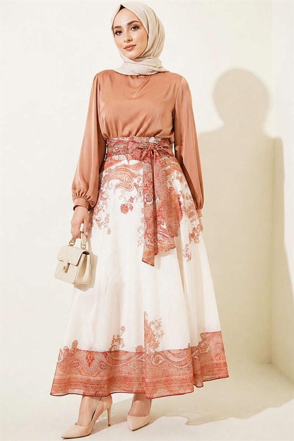 Ethnic Patterned Skirt with Self-Belt, Tan
