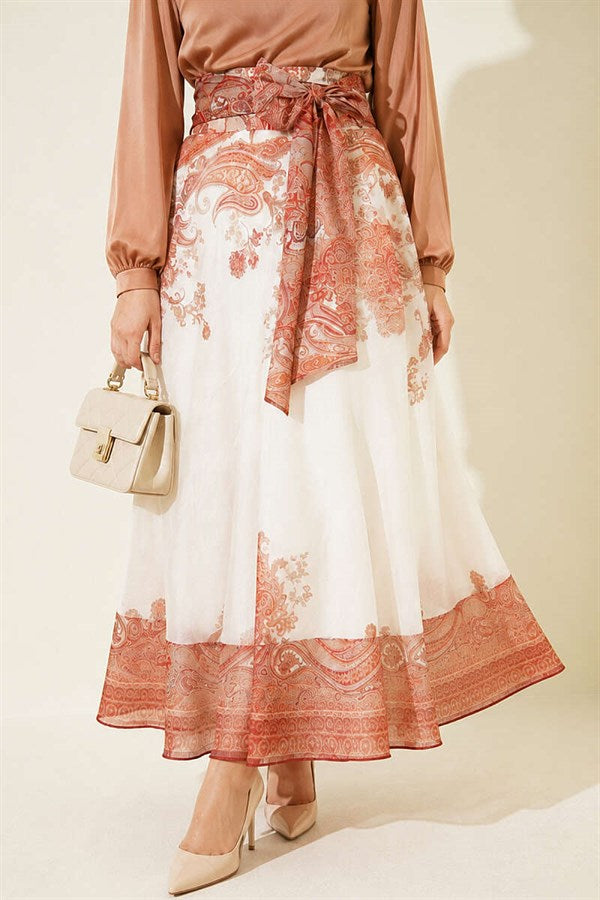 Ethnic Patterned Skirt with Self-Belt, Tan
